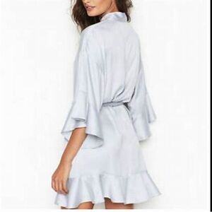 NWT Victoria’s Secret Flounce Robe. Satin feel. Light gray or silver color. M/L